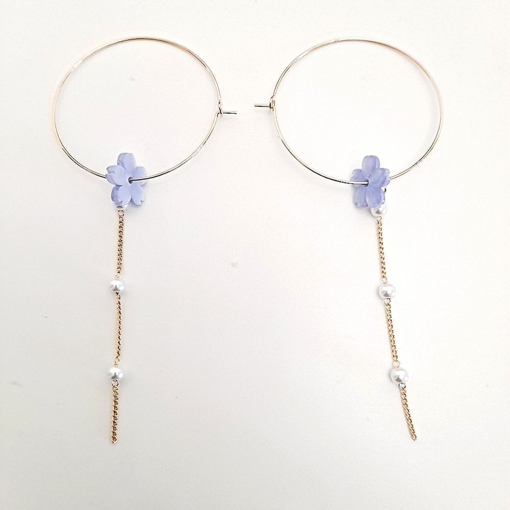 Gold Hoop Flower Dangle Earrings Pearl Chain Purple Fairy Coquette 💖2/$30 - Picture 10 of 10